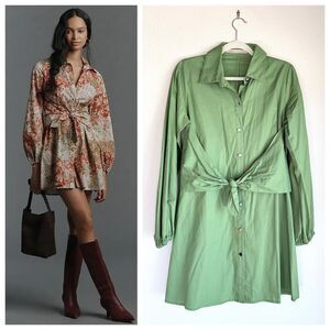 NEW SAMPLE Hutch Long-Sleeve Tie-Waist Mini Shirt Dress in Green Multi Size S/M